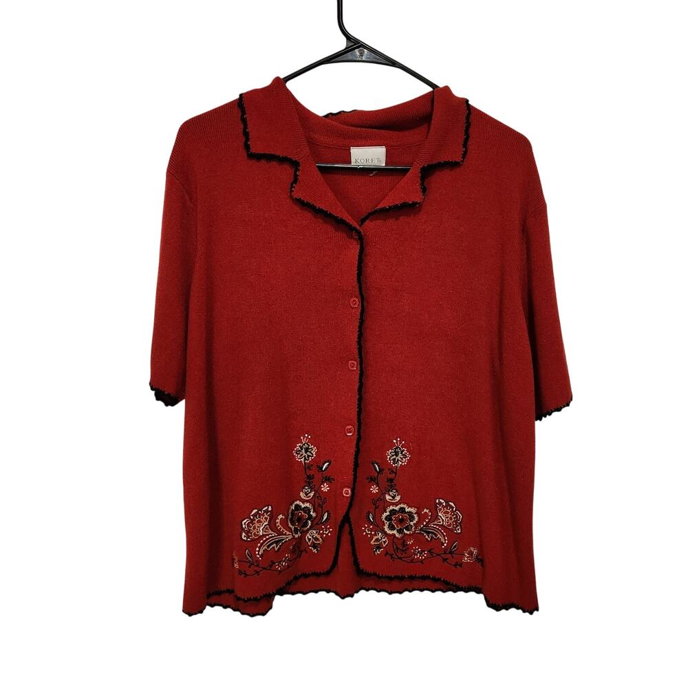 Koret Red Embroidered Floral Short Sleeve Button Front Cardigan Sweater Large
